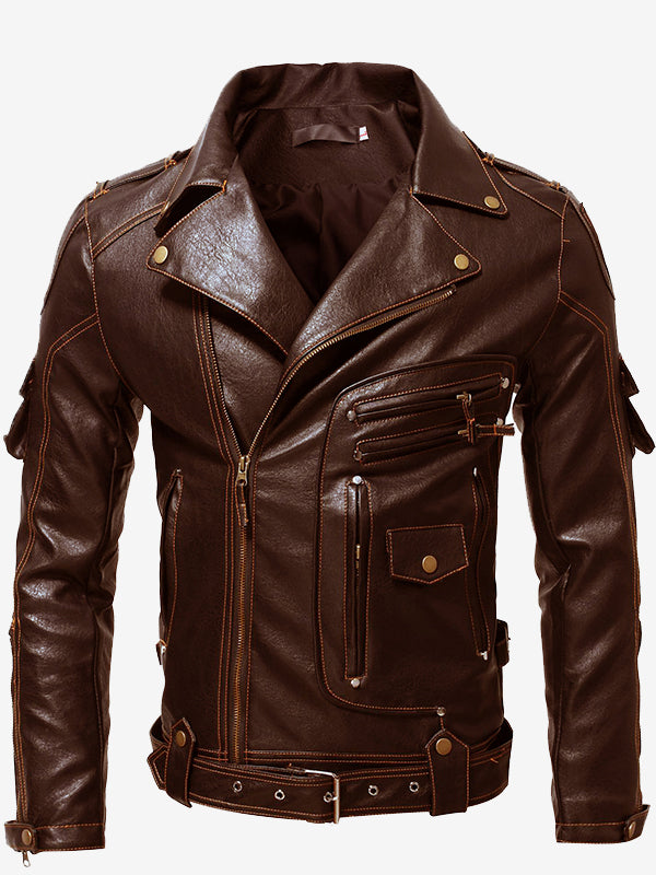 Men's Vintage Leather Motorcycle Multi-Pocket Jacket