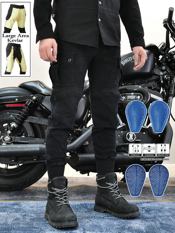 Men's Motorcycle Cargo Pants with Large Area Kevlar Reinforcement and CE Protectors