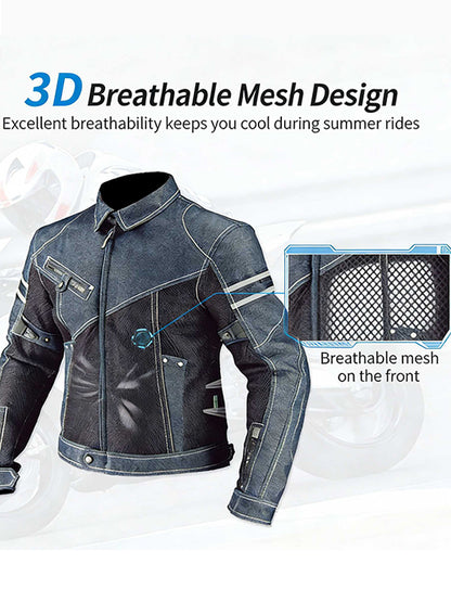 Men's Denim Mesh Motorcycle Jacket with CE Protective Armor