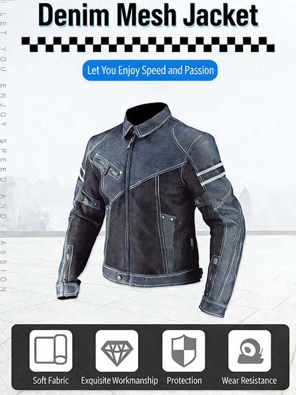 Men's Denim Mesh Motorcycle Jacket with CE Protective Armor