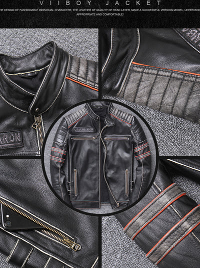 Men's Motorcycle Skull Embroidered Vintage Leather Jacket