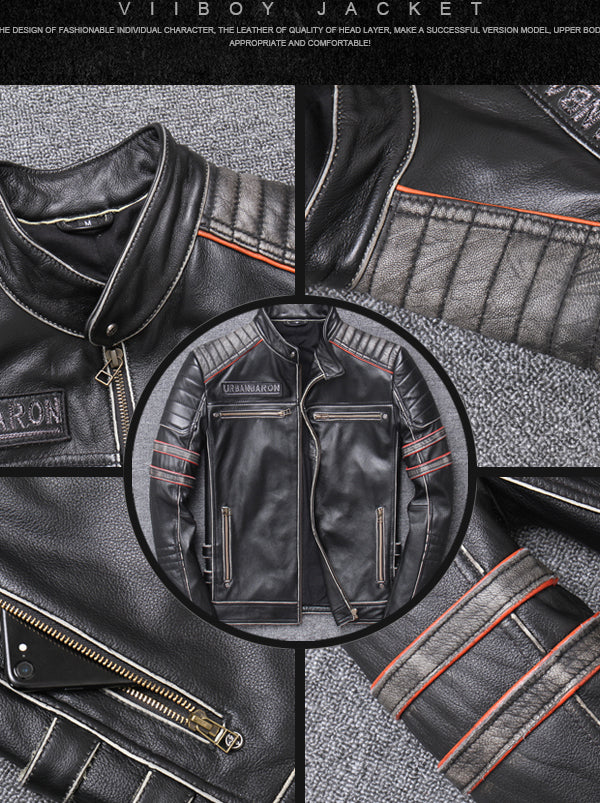 Men's Motorcycle Skull Embroidered Vintage Leather Jacket