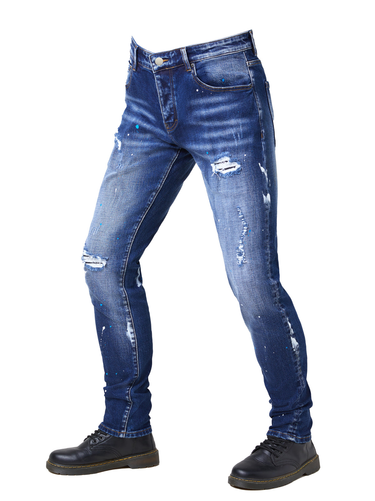 Men's Slim Fit Distressed Splatter Riding Pants - Stretch Denim, Medium Wash