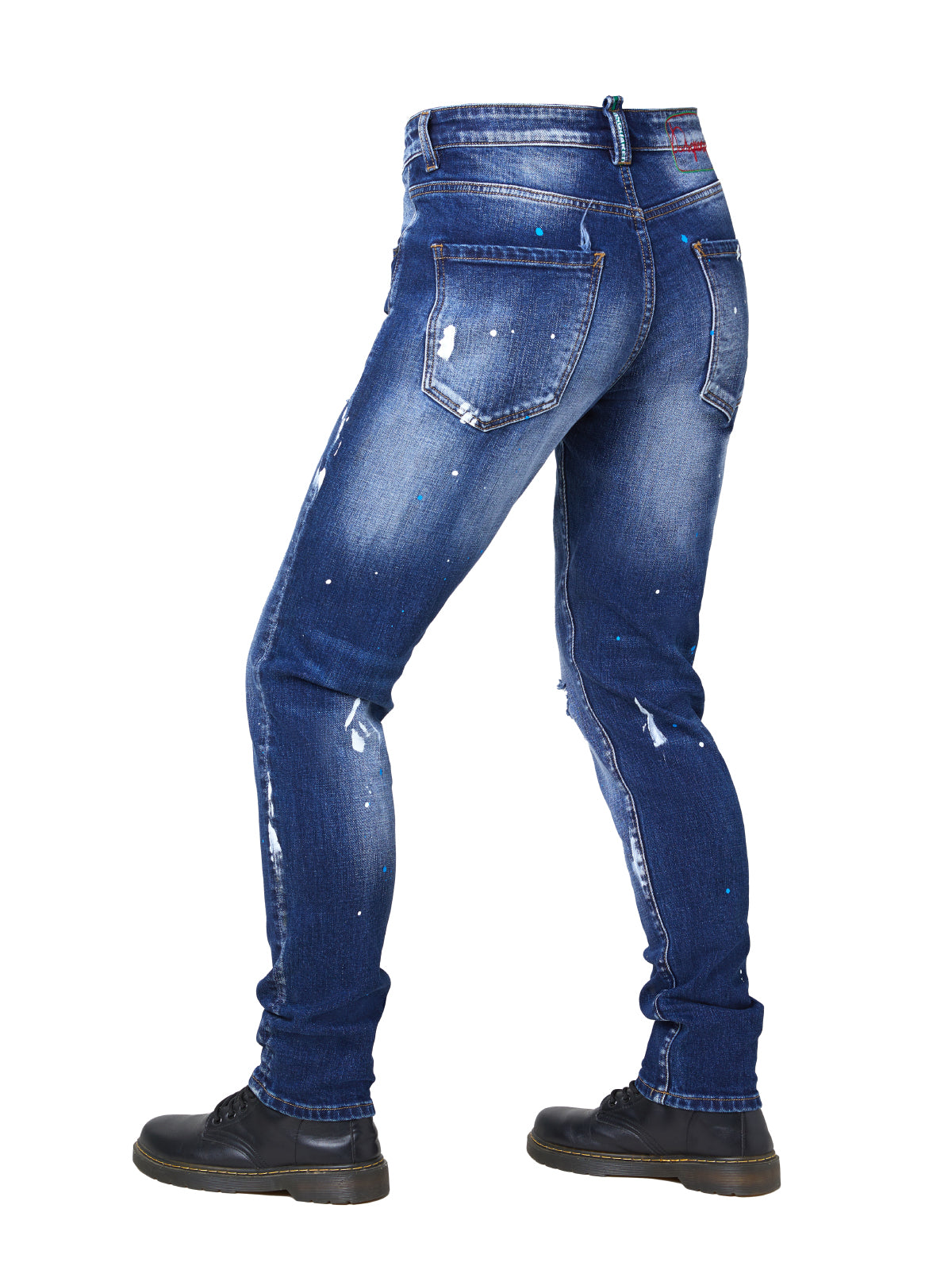 Men's Slim Fit Distressed Splatter Riding Pants - Stretch Denim, Medium Wash