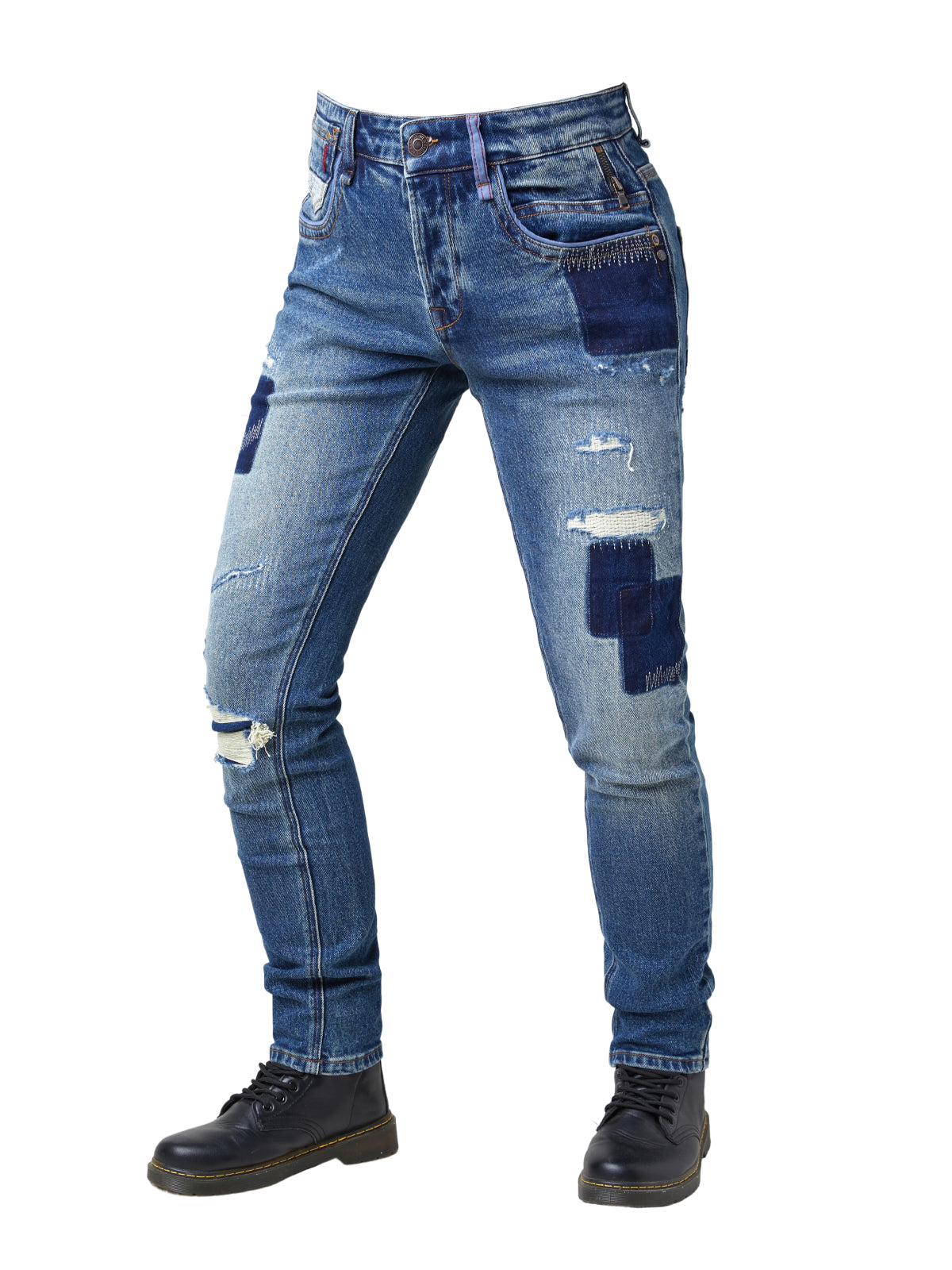 Men's Skinny Fit Distressed Splatter Cycling Pants - Stretch Denim, Medium Wash