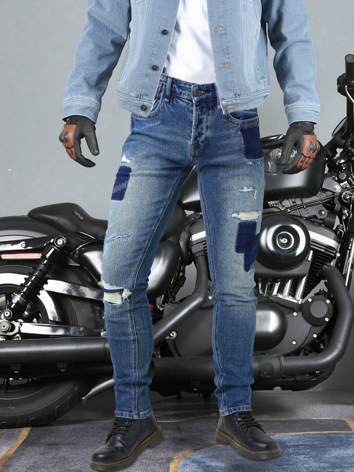 Men's Skinny Fit Distressed Splatter Cycling Pants - Stretch Denim, Medium Wash