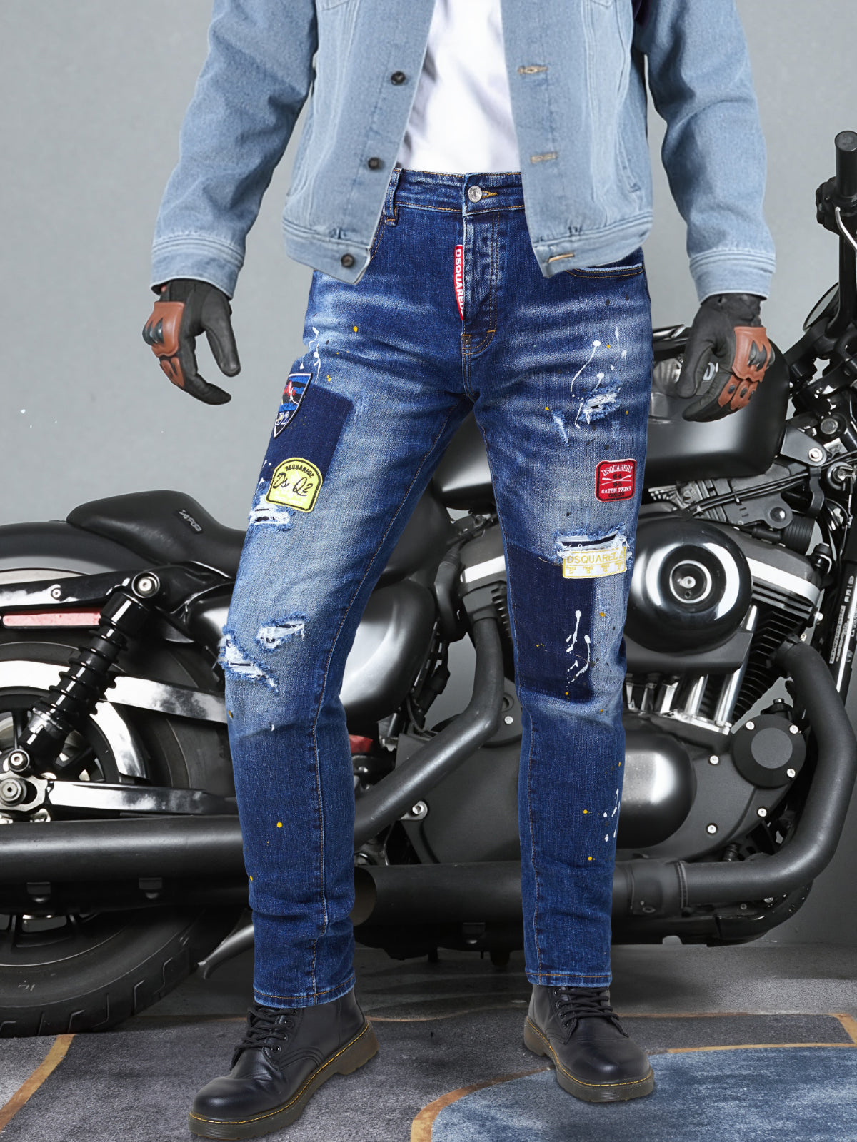 Men's Skinny Fit Distressed Splatter Cycling Jeans