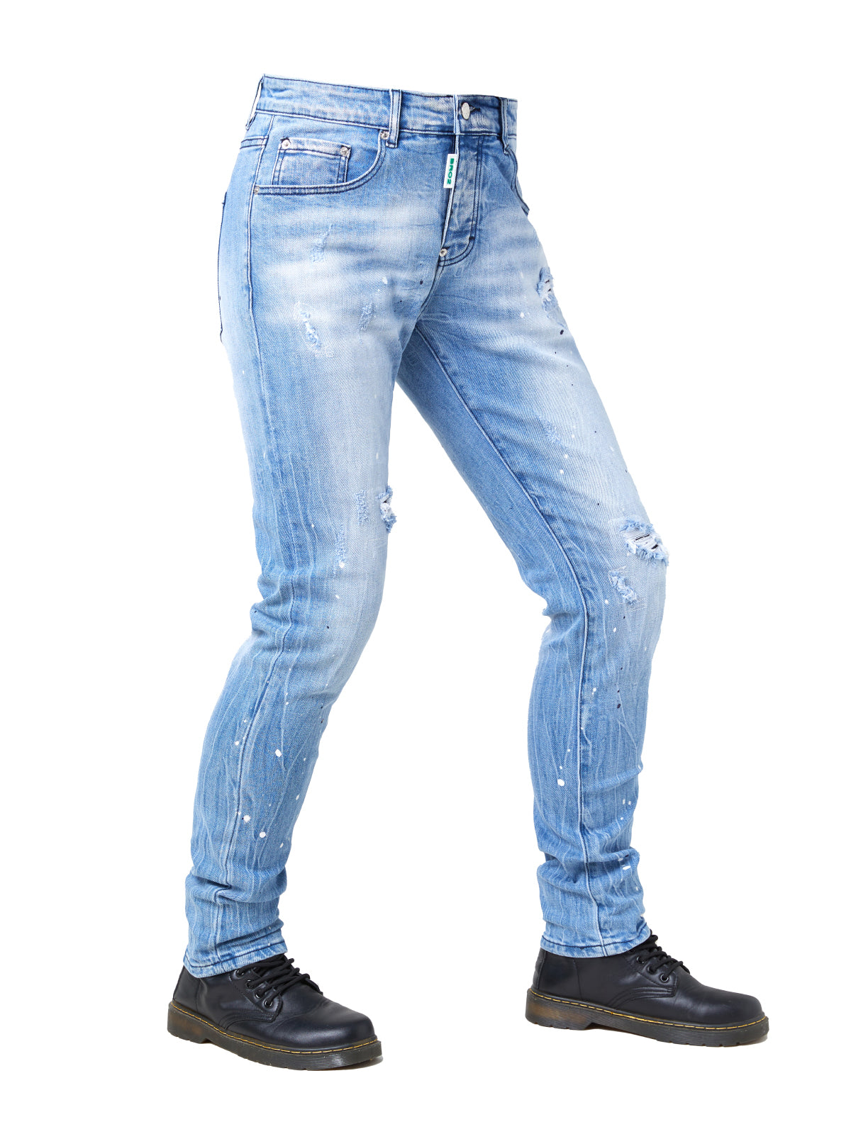 Men's Skinny Fit Distressed Splatter Cycling Faded Jeans - Stretch Denim