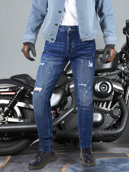 Men's Skinny Fit Distressed Splatter Ripped Cycling Jeans - Stretch Denim