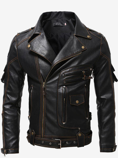 Men's Vintage Leather Motorcycle Multi-Pocket Jacket