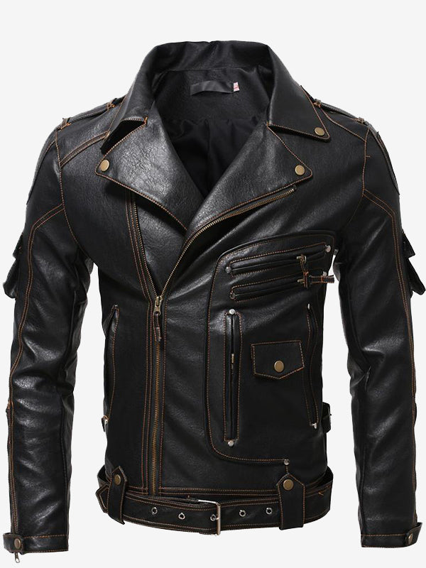 Men's Vintage Leather Motorcycle Multi-Pocket Jacket