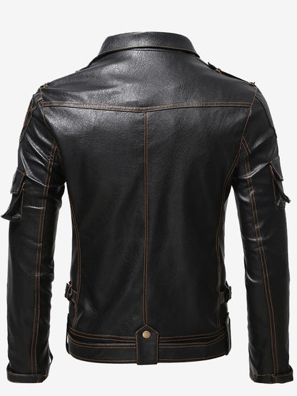 Men's Vintage Leather Motorcycle Multi-Pocket Jacket