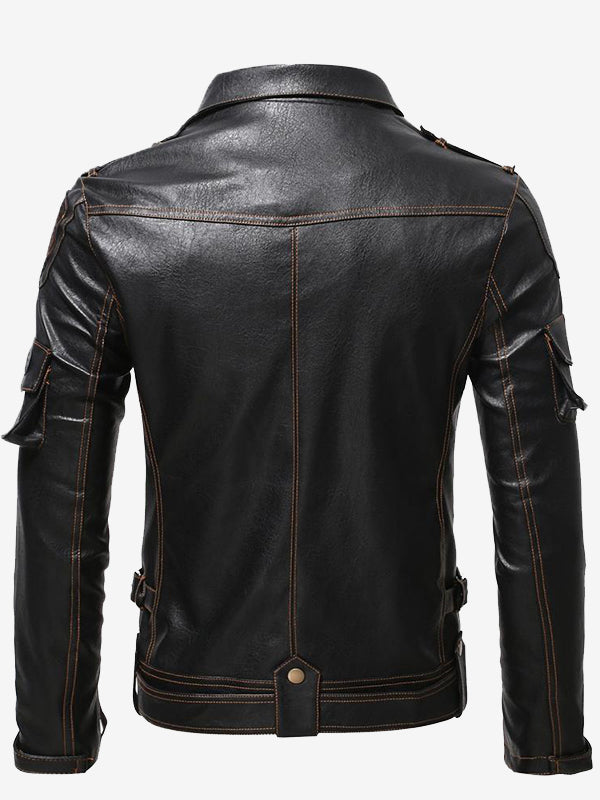 Men's Vintage Leather Motorcycle Multi-Pocket Jacket