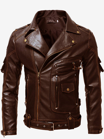 Men's Vintage Leather Motorcycle Multi-Pocket Jacket