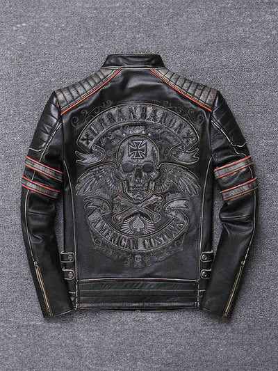 Men's Motorcycle Skull Embroidered Vintage Leather Jacket