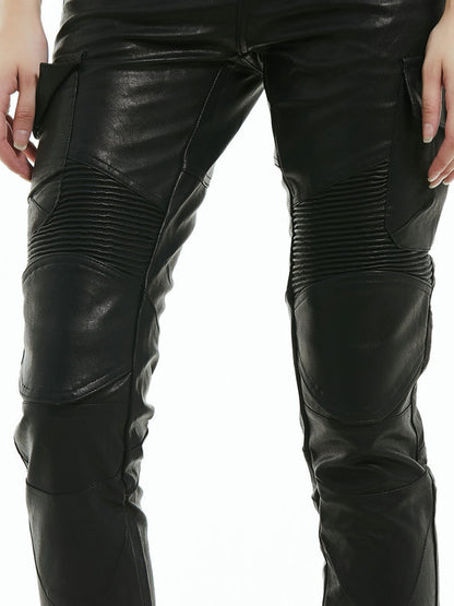 Leather Motorcycle Riding Pants Multi Pocket Workwear Waterproof Drop Leather Pants