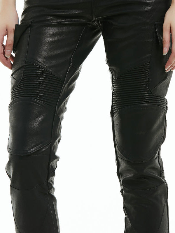 Leather Motorcycle Riding Pants Multi Pocket Workwear Waterproof Drop Leather Pants