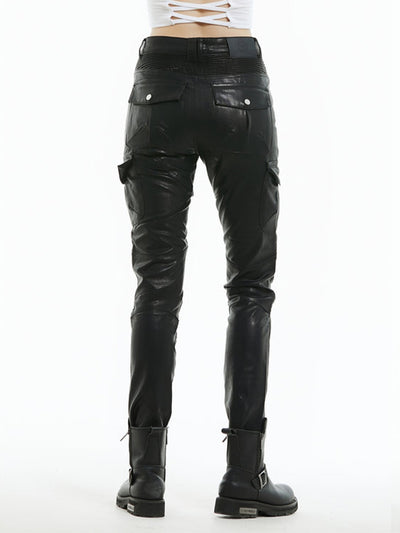 Leather Motorcycle Riding Pants Multi Pocket Workwear Waterproof Drop Leather Pants