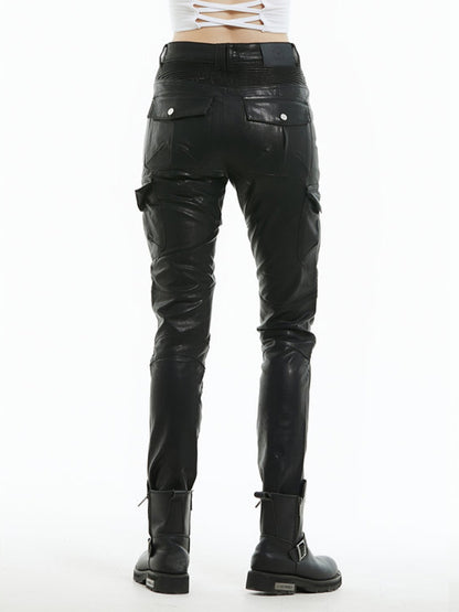 Leather Motorcycle Riding Pants Multi Pocket Workwear Waterproof Drop Leather Pants