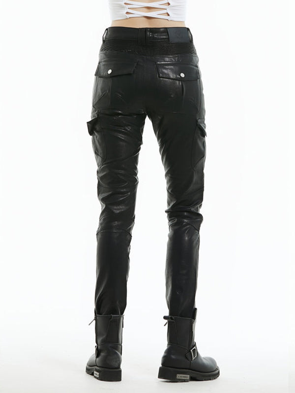 Leather Motorcycle Riding Pants Multi Pocket Workwear Waterproof Drop Leather Pants