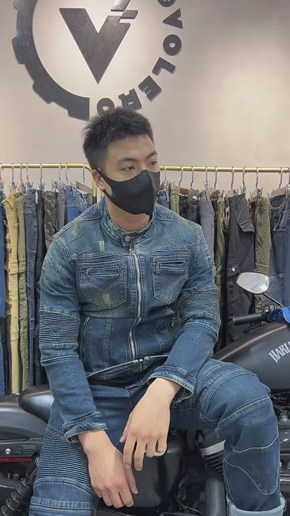 Men’s Vintage Denim Motorcycle Jacket with Elastic Elbow Design & Soft Silicone Armor